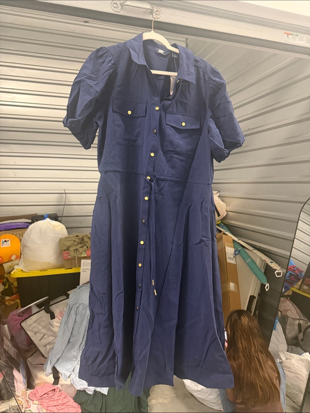 Lands' End Navy Button-Front Midi Dress with Puff Sleeves
